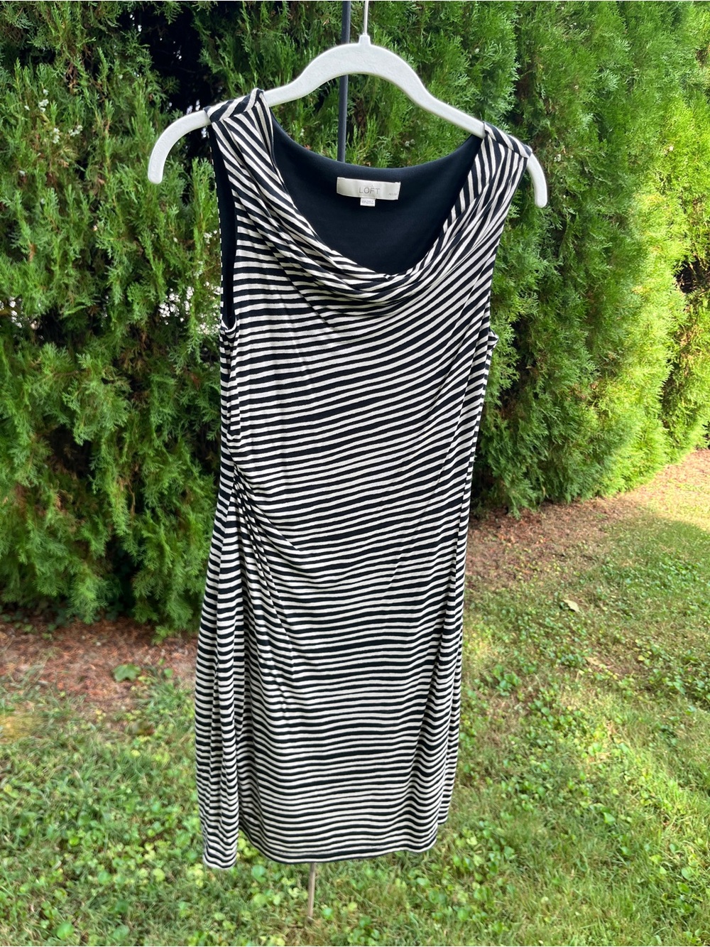 LOFT Black and Off-White Striped Cowl Neck Midi Dress